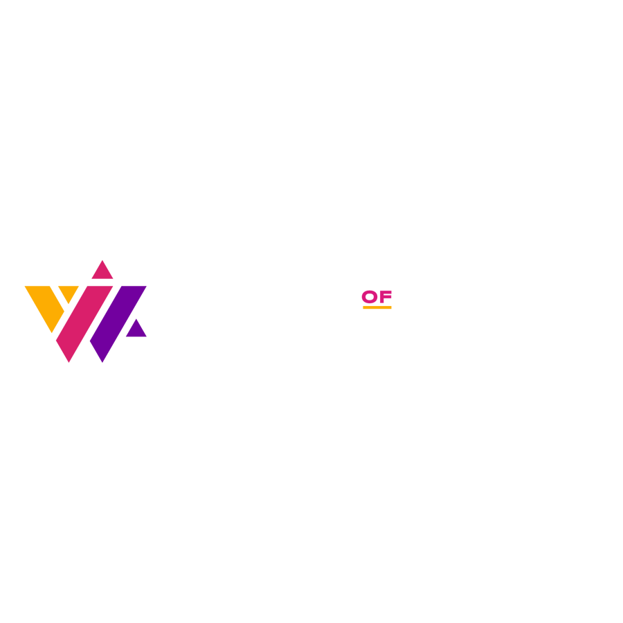 Women of Reform Judaism Logo - White and magenta sans-serif type with stylized W to left in yellow, pink, and purple
