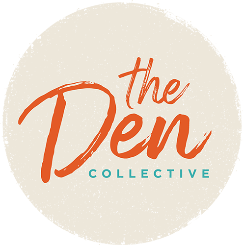 Den Collective Logo - Beige textured circle with orange script type and turquoise sans-serif type