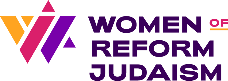 Women of Reform Judaism Logo - Purple and magenta sans-serif type with stylized W to left in yellow, pink, and purple
