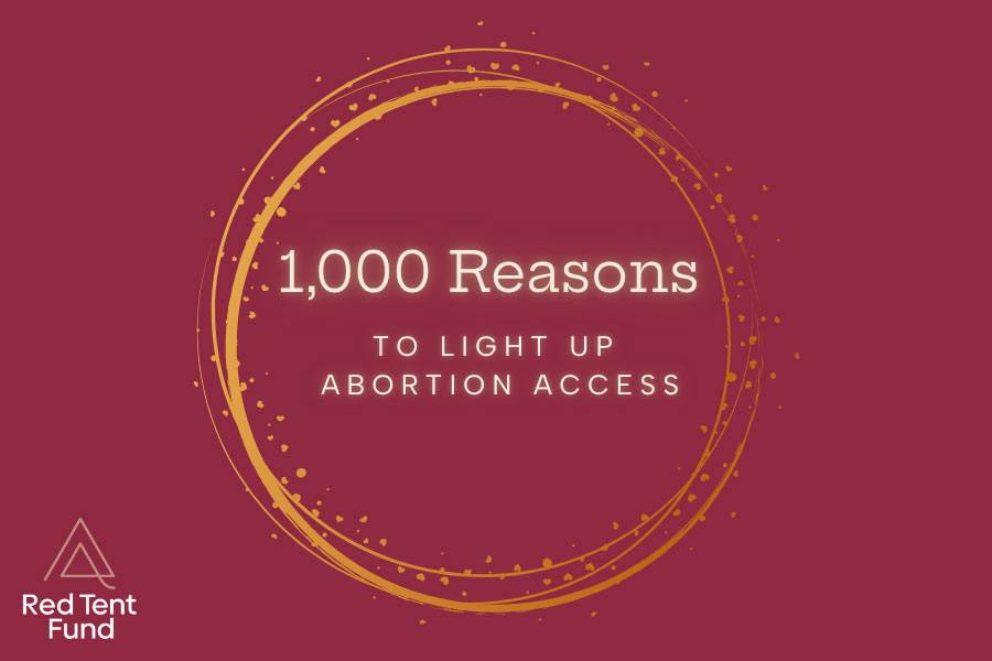 Graphic showing white glowing text with gold ring of hearts over dark red background and Red Tent Fund logo in lower left corner