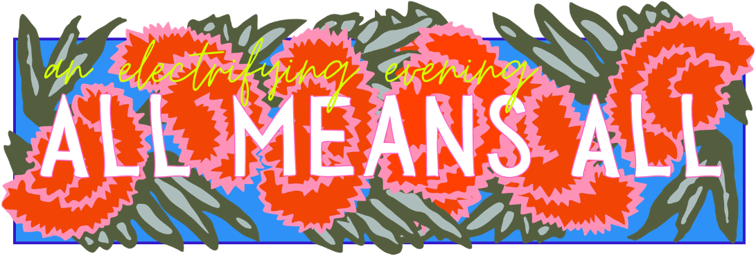 Graphic showing yellow and white type over illustration of pink flowers with leaves on blue background