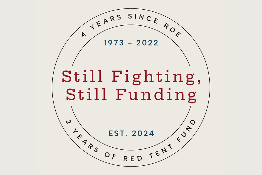 Graphic showing Still Fighting, Still Funding seal over ecru background