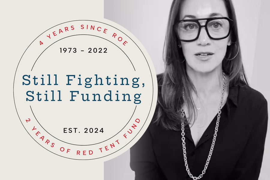 Graphic showing Still Fighting, Still Funding seal over ecru background and black and white video still of a woman