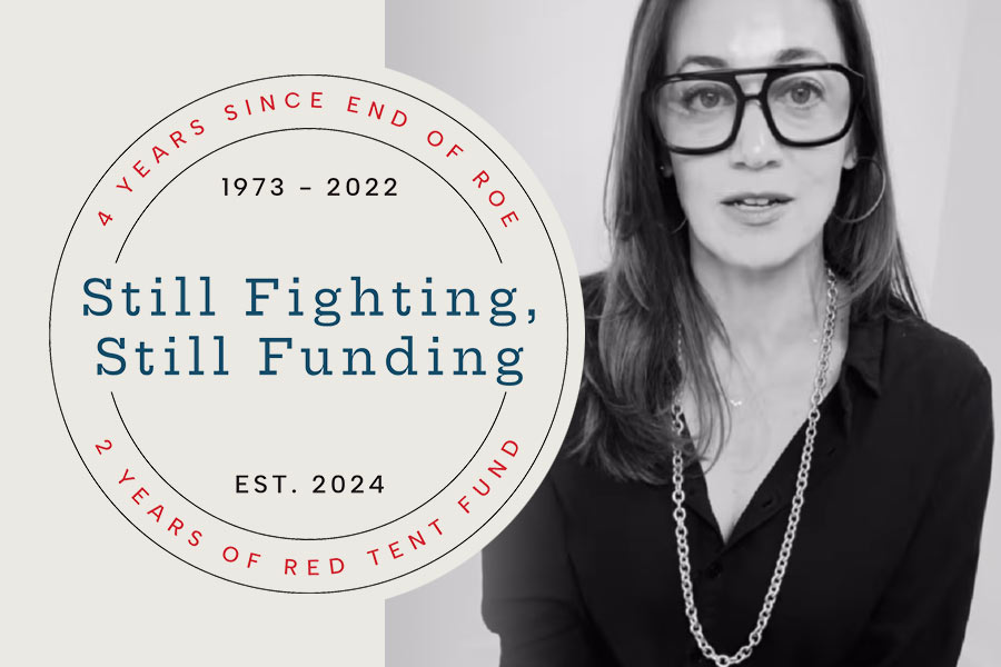 Graphic showing Still Fighting, Still Funding seal over ecru background and black and white video still of a woman