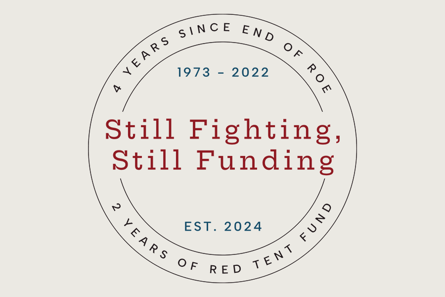 Graphic showing Still Fighting, Still Funding seal over ecru background