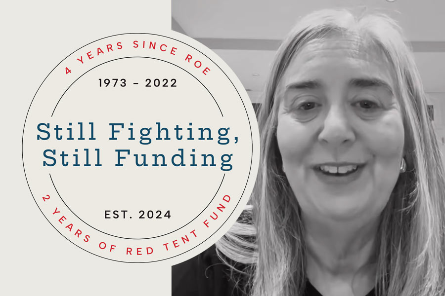 Graphic showing Still Fighting, Still Funding seal over ecru background and black and white video still of a woman