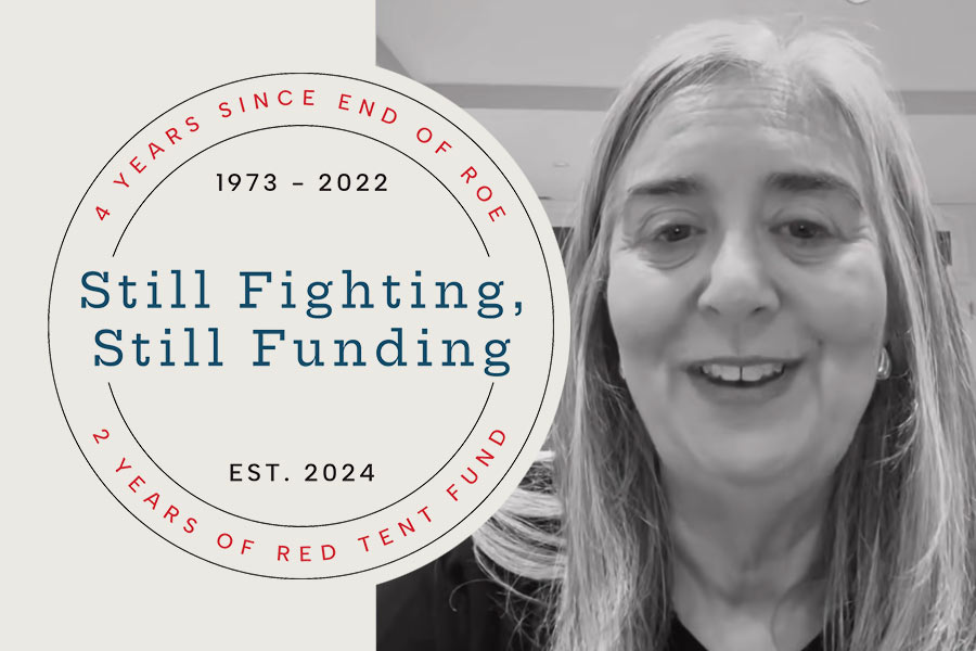 Graphic showing Still Fighting, Still Funding seal over ecru background and black and white video still of a woman