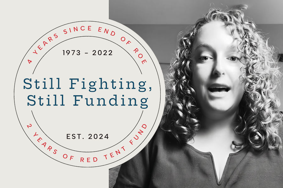 Graphic showing Still Fighting, Still Funding seal over ecru background and black and white video still of a woman