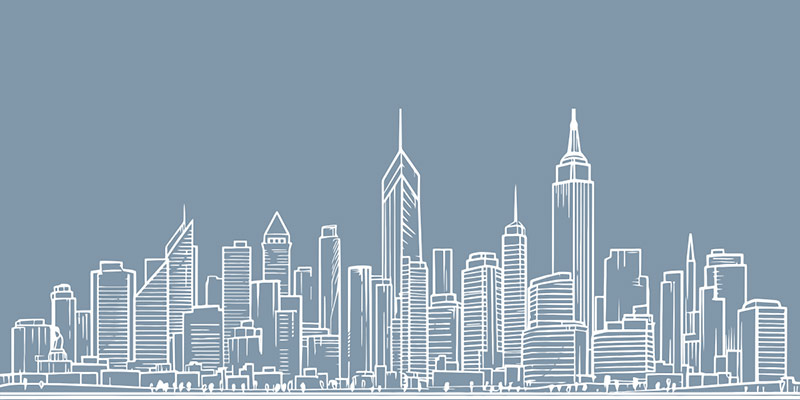 White illustration of New York city skyline on muted blue background