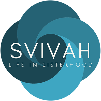 SVIVAH Logo - White sans-serif type over pinwheel in shades of blue
